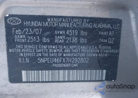 2007 Hyundai Sonata Limited/Se V6 from USA, damaged, VIN 5NPEU46FX7H292802
